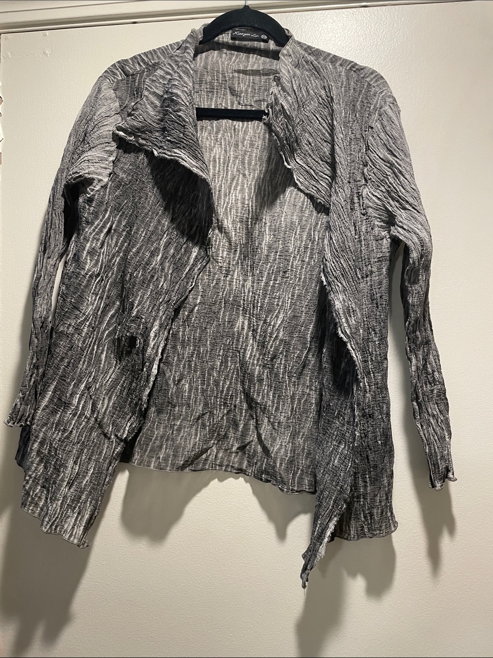 Xiaoyan Lin Lightweight Distressed Gray White Crinkled Open Front Cardigan
